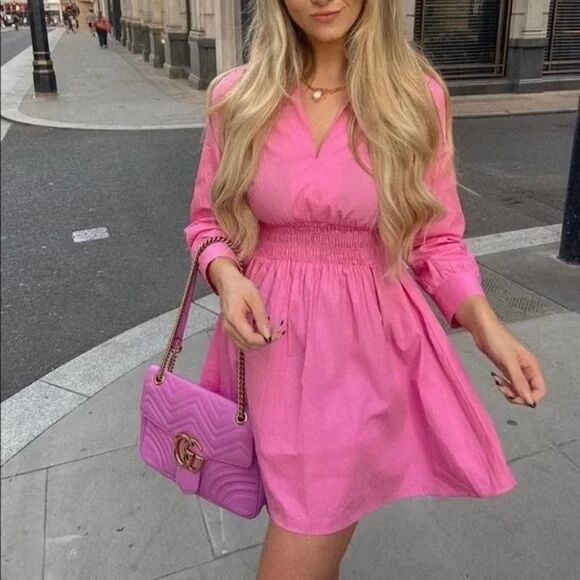 ZARA Poplin Cotton Dress Pink Gathered Waist Smocked Barbiecore Barbie Core - Picture 3 of 5